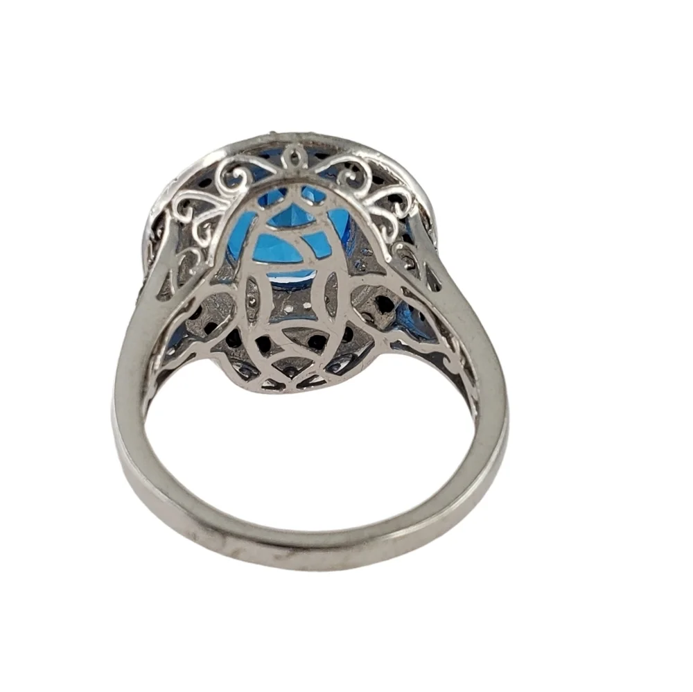 Swiss Blue Topaz Statement Ring black spinel sterling silver ring size 10